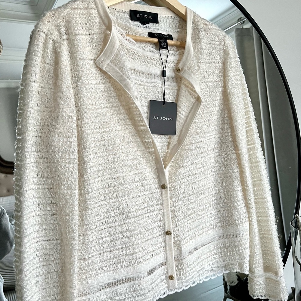 St. John Cream Textured Knit Cardigan